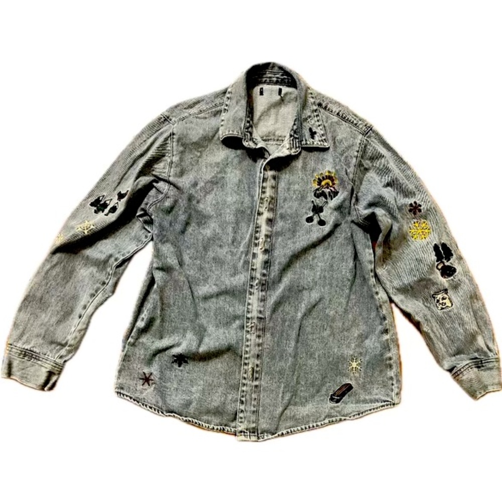 Embroidered denim button-up shirt with a boho vibe unisex M/L